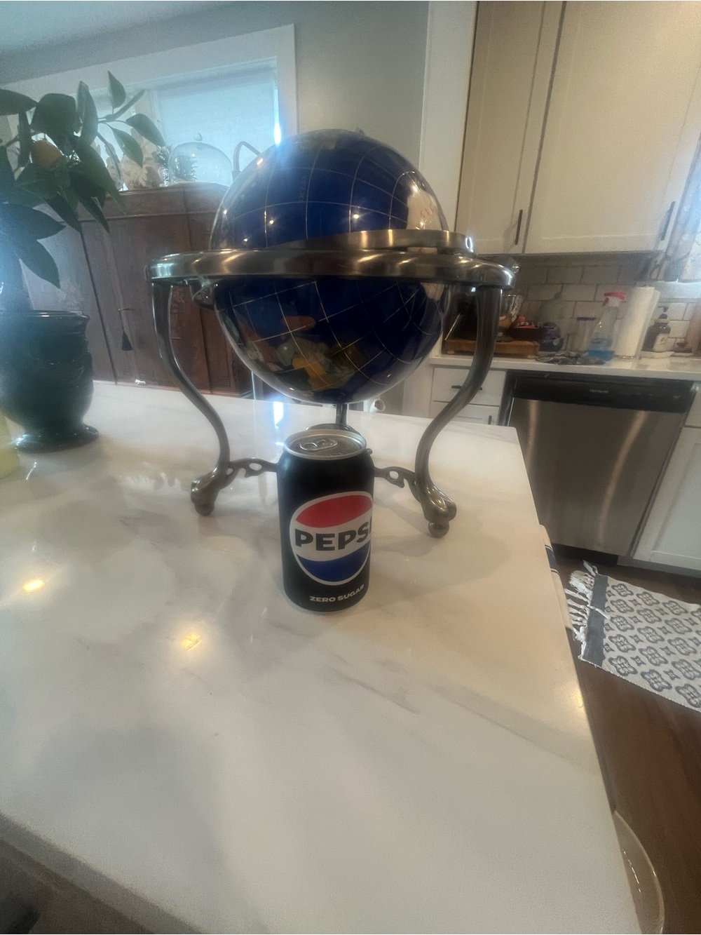 Blue Globe Sculpture with Brass Stand - Decorative Home Art